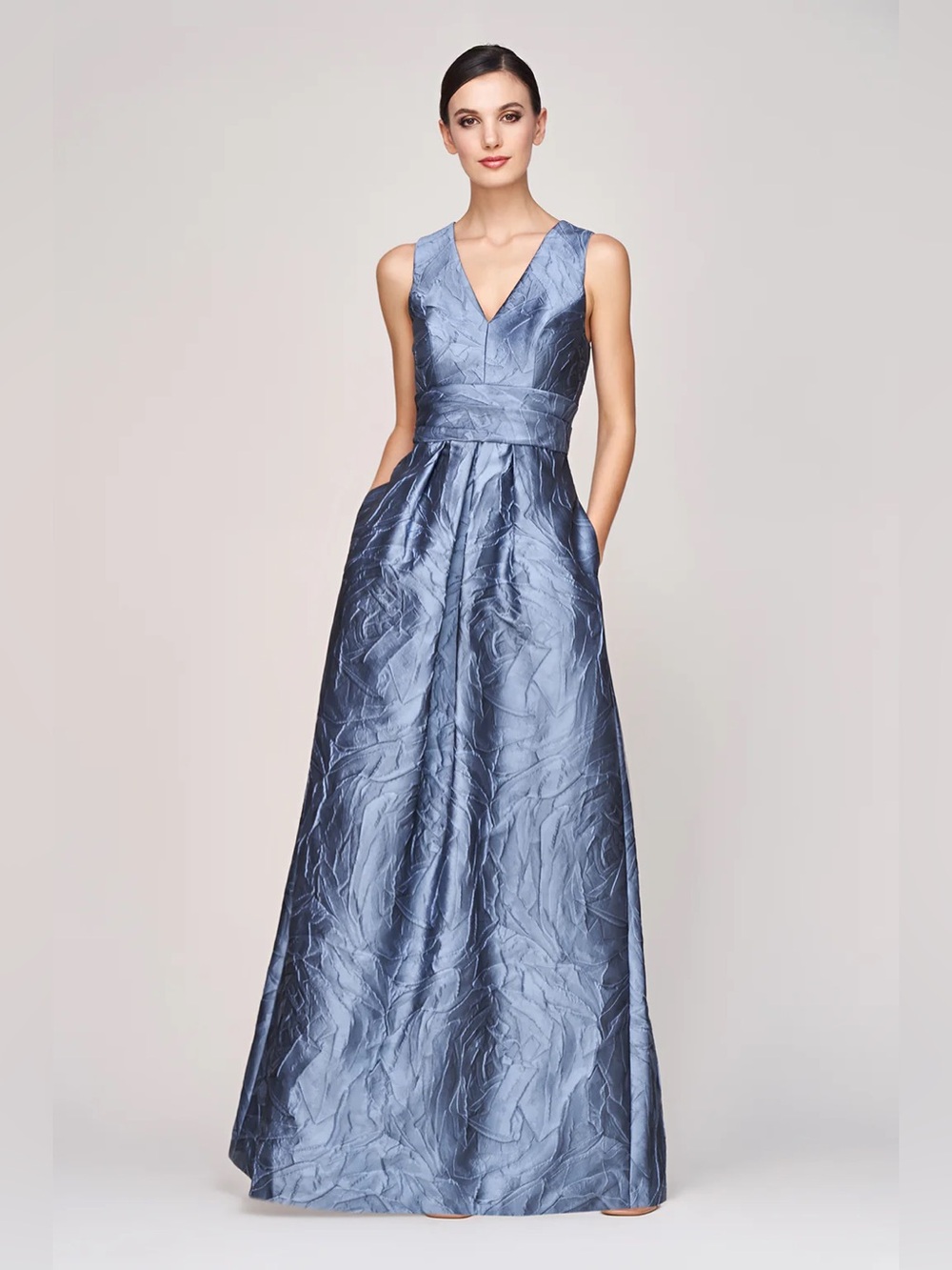 new Kay Unger Mariah textured mikado v neck gown in Mediterranean Blue